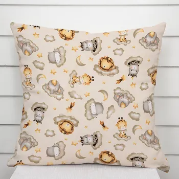 Povlak na dekorativní polštářek Dětský bavlněný povlak na polštář Sandra SA-534 Africká zvířátka na obláčcích na šedobéžovém 30 x 50 cm