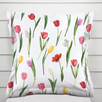 Povlak na polštářek Bavlněný povlak na polštář s lemem Sandra SA-506 Tulipány na bílém 50 x 60 cm