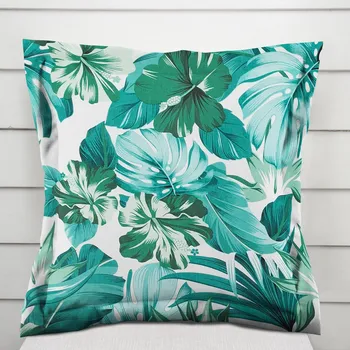 Povlak na polštářek Bavlněný povlak na polštář s lemem Sandra SA-484 Modro-zelené květy a listy monstery na bílém 40 x 40 cm