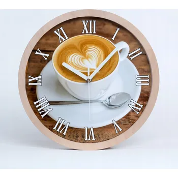 Hodiny Dřevěné nástěnné hodiny káva v šálku průměr 25 cm