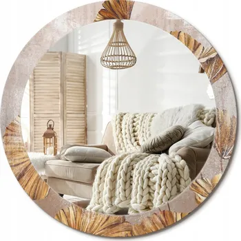 Zrcadlo Kulaté moderní zrcadlo na stěnu s potiskem na skle průměr 80 cm Boho listy
