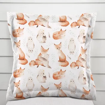 Povlak na dekorativní polštářek Dětský bavlněný povlak na polštář s lemem Sandra SA-523 Lišky a sovy na bílém 40 x 40 cm