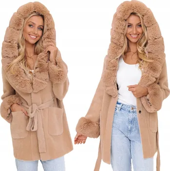 Dámské oblečení Měkký kabát alpaka s kožešinou a páskem 22097
