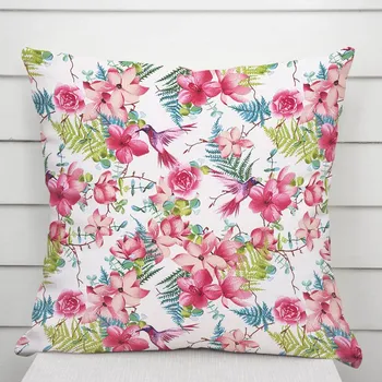 Povlak na polštářek Bavlněný povlak na polštář Sandra SA-493 Kolibříci s růžovými květy na bílém 50 x 60 cm