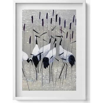 Obraz Dekorativní nástěnný obraz s grafikou v bílém rámu Jeřábi v rákosí 50x70 cm