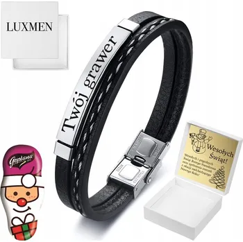 Náramek Kožený náramek Luxmen černý 20,5 cm