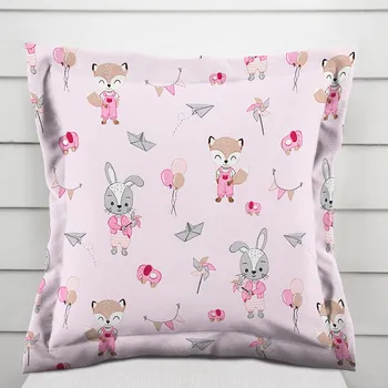Povlak na polštářek Dětský bavlněný povlak na polštář s lemem Sandra SA-466 Zajíčci a lišky s balónky na růžovém 50 x 60 cm