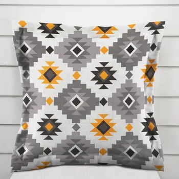 Povlak na dekorativní polštářek Bavlněný povlak na polštář s lemem Sandra SA-520 Žluto-šedý aztécký vzor 40 x 60 cm