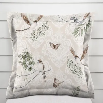 Povlak na dekorativní polštářek Bavlněný povlak na polštář s lemem Sandra SA-490 Vlaštovky s motýlky na béžovém ornamentu 40 x 60 cm