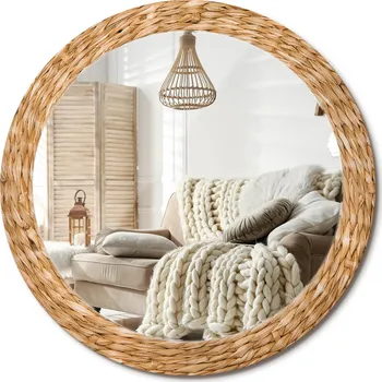 Zrcadlo Stylové kulaté zrcadlo na zeď s potiskem na skle, v designu proutí, průměr 80 cm