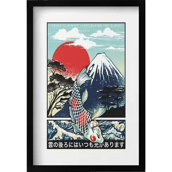 Obraz Obraz nástěnná dekorace Japonská ilustrace hory Fuji a ryby Koi 40x60 cm