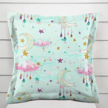 Povlak na dekorativní polštářek Dětský bavlněný povlak na polštář s lemem Sandra SA-522 Měsíční obloha na mintovém 40 x 40 cm
