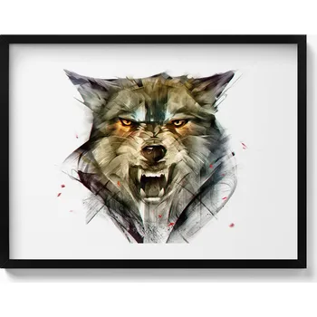 Obraz Dekorativní obraz v černém rámu do obýváku Kreslený portrét vlka 80x60 cm