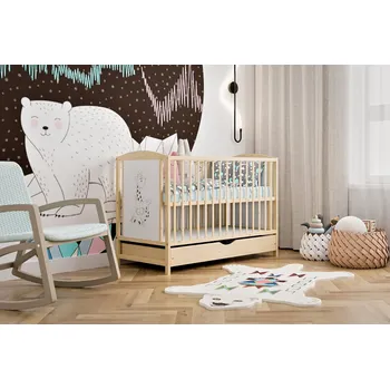 Dětská postýlka Dřevěná postýlka Miminko BAJKA SE ZÁSUVKOU BOROVICE 60 x 120 cm borovice