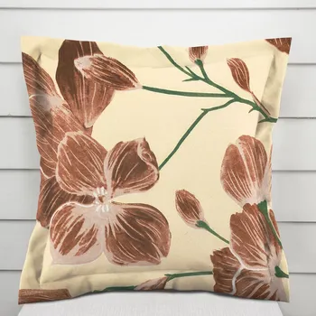 Povlak na polštářek Bavlněný povlak na polštář s lemem Sandra SA-536 Hnědé orchideje na vanilkově žlutém 50 x 60 cm