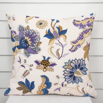 Povlak na dekorativní polštářek Bavlněný povlak na polštář Sandra SA-539 Modro-fialové orientální květy na světle béžovém 50 x 50 cm