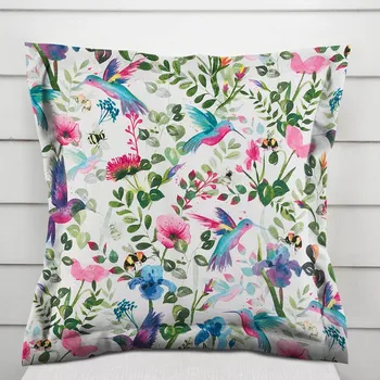 Povlak na polštářek Bavlněný povlak na polštář s lemem Sandra SA-495 Duhoví kolibříci mezi květy 50 x 50 cm
