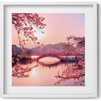 Obraz Dekorativní nástěnný obraz v rámu Květy třešně a most - japonský styl 50x50 cm