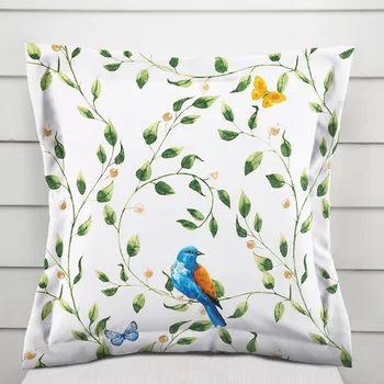 Povlak na polštářek Bavlněný povlak na polštář s lemem Sandra SA-501 Modří ptáčci a větvičky na bílém 50 x 60 cm