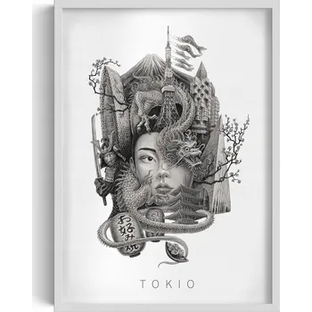 Obraz Dekorativní nástěnný obraz v rámu Černobílý Tokio Drak Višňový květ 50x70 cm