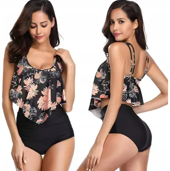 Dámské plavky Bikini s vysokým pasem HISPÁNKA KVĚTY vzor černý XL