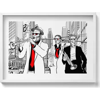 Obraz Dekorativní nástěnný obraz v bílém rámu s grafikou loft Jazzová kapela 70x50 cm