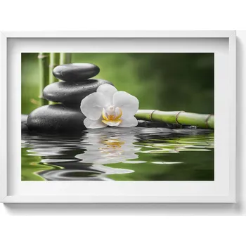 Obraz Obraz na zeď bílý rám Zen - kameny, bambus a květina na vodě 70x50 cm
