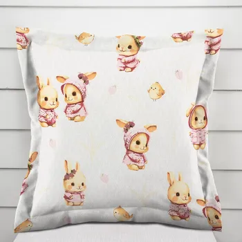 Povlak na polštářek Dětský bavlněný povlak na polštář s lemem Sandra SA-538 Růžoví zajíčci a ptáčci na bílém 50 x 50 cm