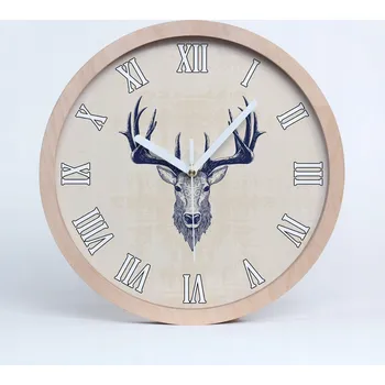 Hodiny Tichá nástěnná dřevěná hodiny s motivem jeleního paroží, průměr 30 cm