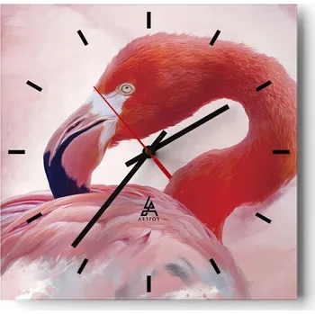 Hodiny Velké nástěnné hodiny 40x40 cm Plameňák Skleněné hodiny Čtvercové Tiché