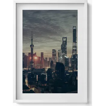 Obraz Nástěnný dekorativní obraz v rámu s grafikou Panorama Šanghaje v noci 50x70 cm