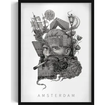 Obraz Dekorativní nástěnný obraz s grafikou Černobílý Amsterdam Tulipány Kolo 50x70