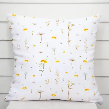 Povlak na dekorativní polštářek Bavlněný povlak na polštář Sandra SA-497 Žluté bylinky na bílém 60 x 60 cm