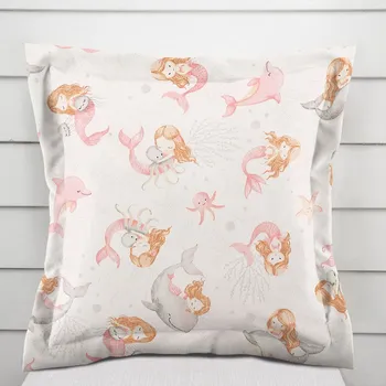 Povlak na dekorativní polštářek Dětský bavlněný povlak na polštář s lemem Sandra SA-527 Růžové mořské panny s delfíny a velrybami na bílém 40 x 60 cm