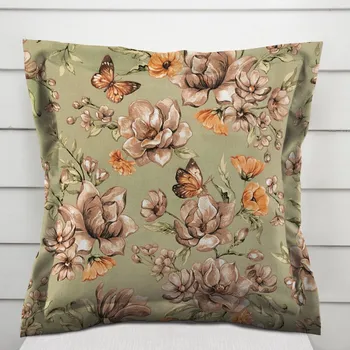 Povlak na dekorativní polštářek Bavlněný povlak na polštář s lemem Sandra SA-472 Hnědé květy magnolie na zeleném 50 x 50 cm