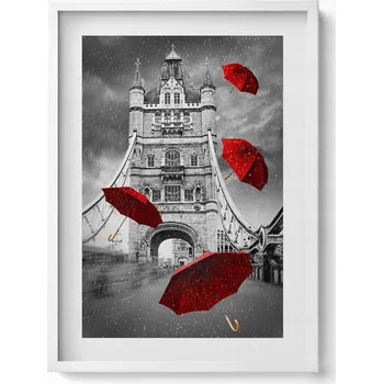 Obraz Obraz na zeď v bílém rámu Červené deštníky na mostě Londýn 50x70 cm
