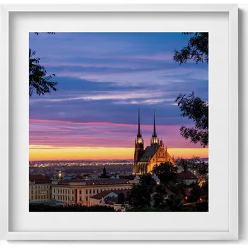 Obraz Dekorativní nástěnný obraz v bílém rámu s grafikou Východ slunce Brno 50x50 cm