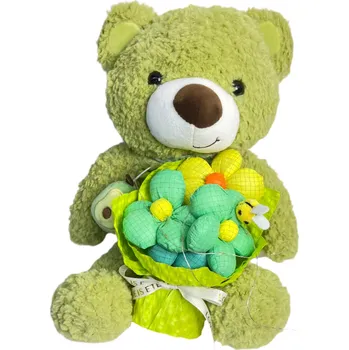 plyšák ANNAM Zelený plyšový medvěd s kyticí v průhledném boxu 30 cm