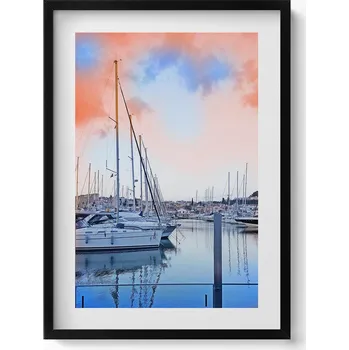 Obraz Elegantní obraz do obýváku v černém rámu Krajina s loďkami na jezeře 50x70 cm