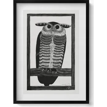 Obraz Dekorativní obraz v černém rámu do obýváku Kresba sovy na větvi 50x70 cm