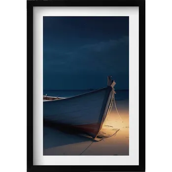 Obraz Ozdobný nástěnný obraz v rámu s grafikou Loďka na břehu pláže v noci 40x60 cm