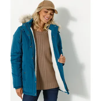 Dámský kabát Nepromokavá bunda s kapucí a imitací kožešiny tyrkysová 48
