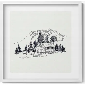 Obraz Dekorativní obraz v rámu na zeď do obýváku Kresba domek v horách 50x50 cm