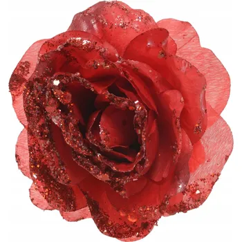 umělá květina Umělá růže s klipem, brokátová červená, 14 cm