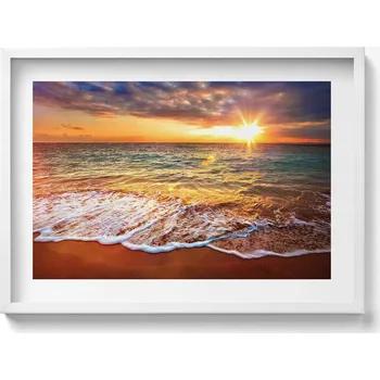 Obraz Dekorativní nástěnný obraz v bílém rámu Vlny moře při západu slunce 70x50 cm