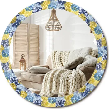 Zrcadlo Zrcadlo nástěnné s ozdobným skleněným rámem fi 80 cm Modré květy