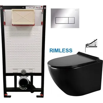 Klozet DEANTE Podomítkový rám, pro závěsné WC mísy + SLIM tlačítko chrom + WC MEXEN LENA ČERNÁ Rimless + SEDÁTKO CST_WC01 051P ME01