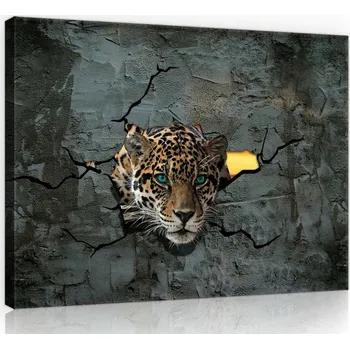 Obraz OBRAZ NA PLÁTNĚ CANVAS 80x60 JAGUÁR KOČKA NA ZEĎ