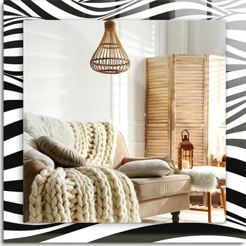 Zrcadlo Čtvercové dekorativní zrcadlo pro vertikální nebo horizontální montáž, černo-bílé vlny, 60x60 cm