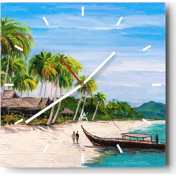 Hodiny Velké nástěnné hodiny na zeď 40x40 Pláž Skleněné hodiny Čtvercové Tiché